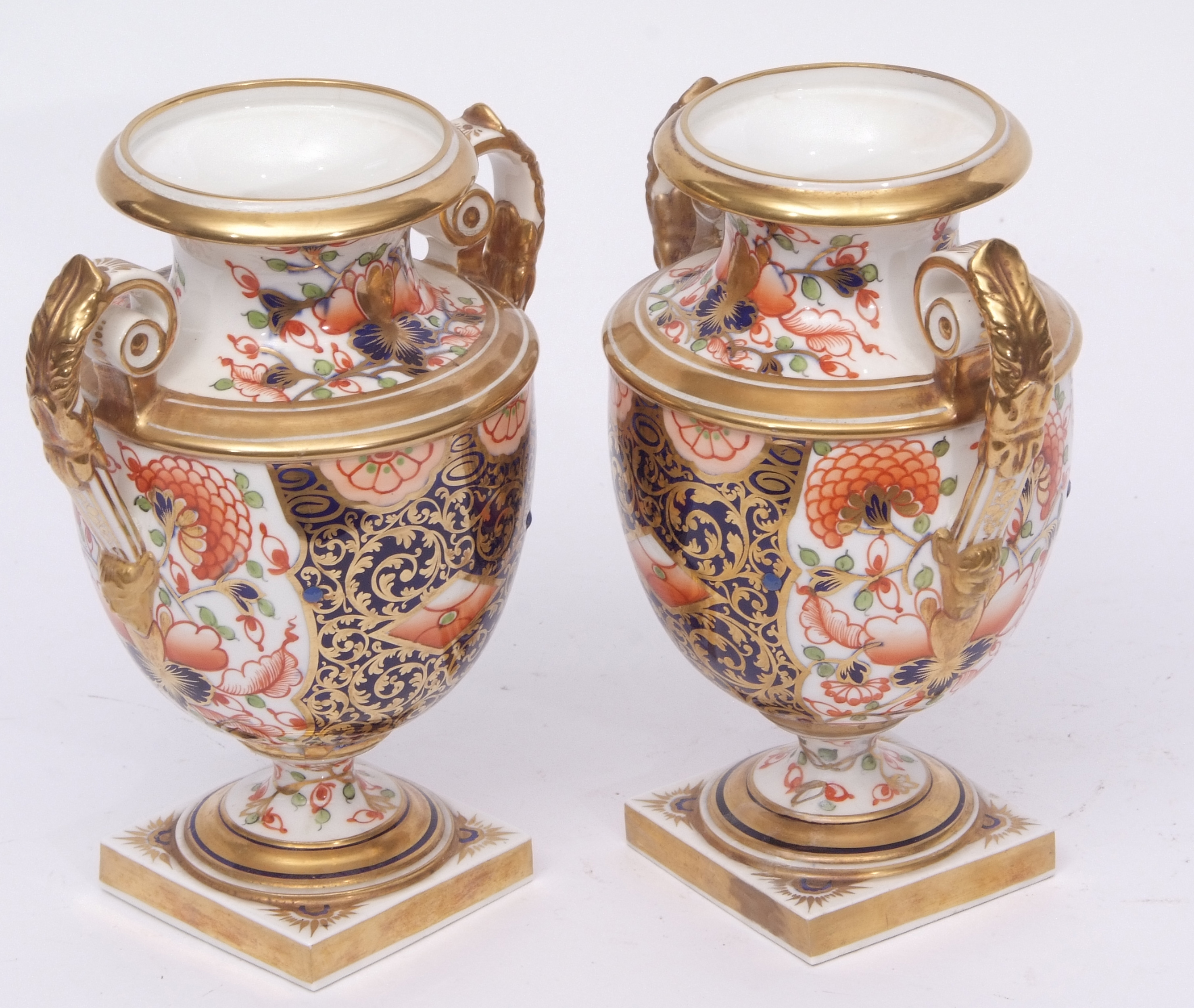 Pair of 19th century Derby (King Street) vases richly decorated in Imari style with gilt scroll - Image 2 of 3