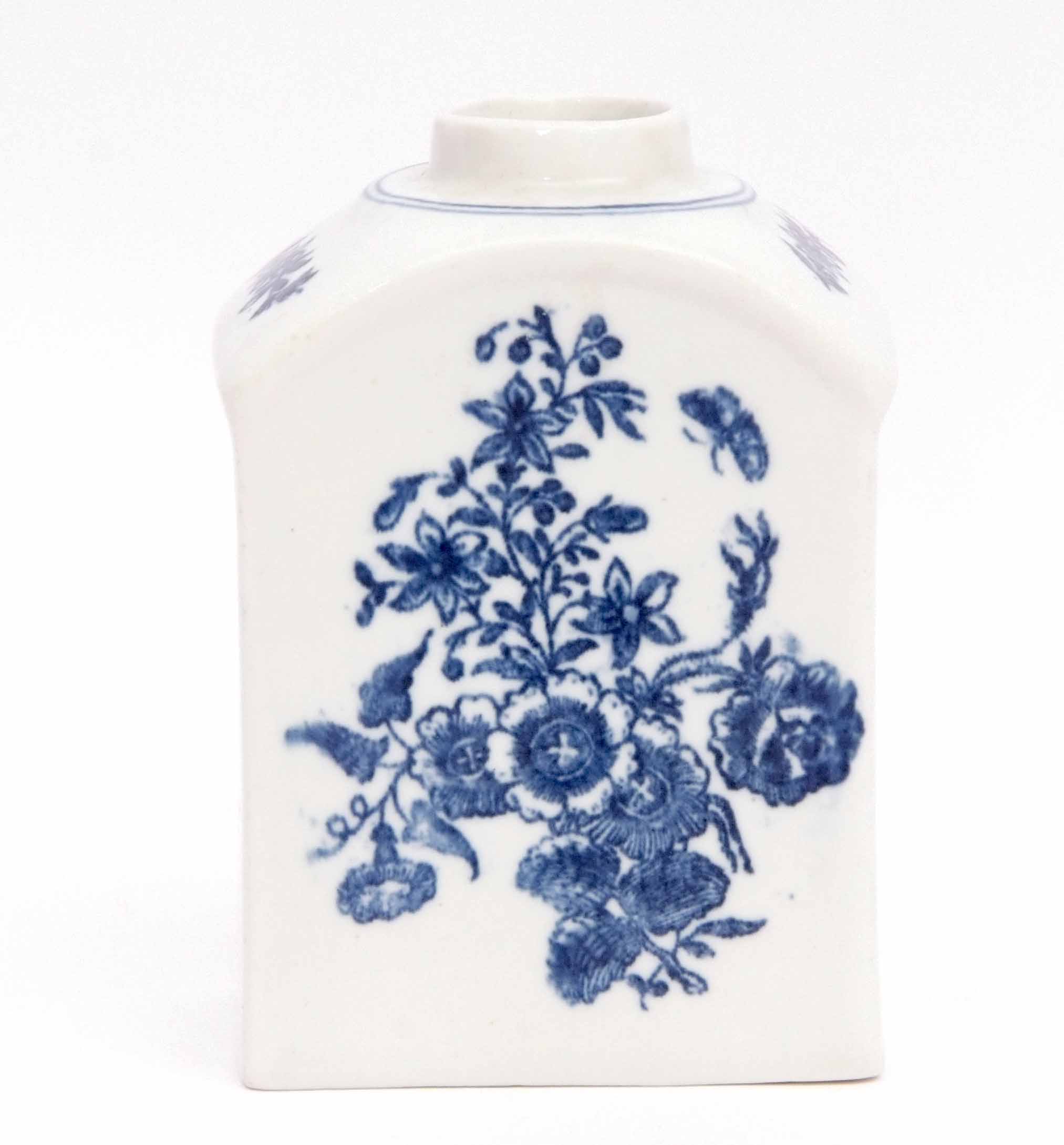 Lowestoft tea caddy decorated with prints of floral sprays after Worcester, 10cm high - Image 3 of 6