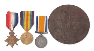 WWI KIA group of three together with death plaque comprising 1914-15 Star, British War Medal and