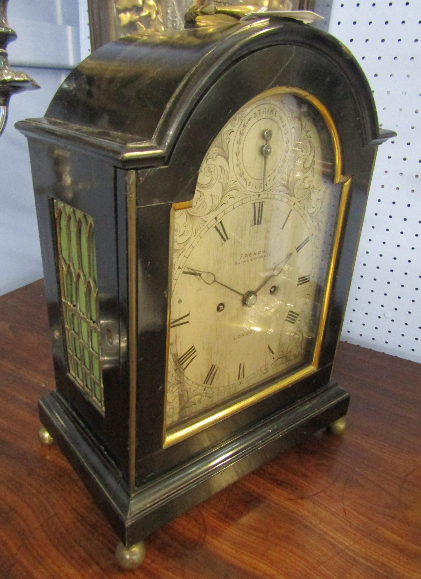 Mid-19th century ebonised twin fusee bracket clock, French - Royal Exchange, London, the arched case - Image 14 of 15