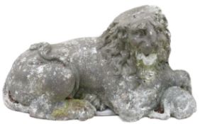 Pair of 19th century or earlier, good weathered stone or composition models of recumbent lions, 57cm