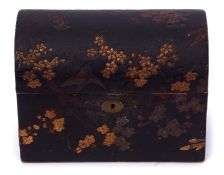 Oriental stationery file modelled as a casket with prunus and bird decoration, 22cm long