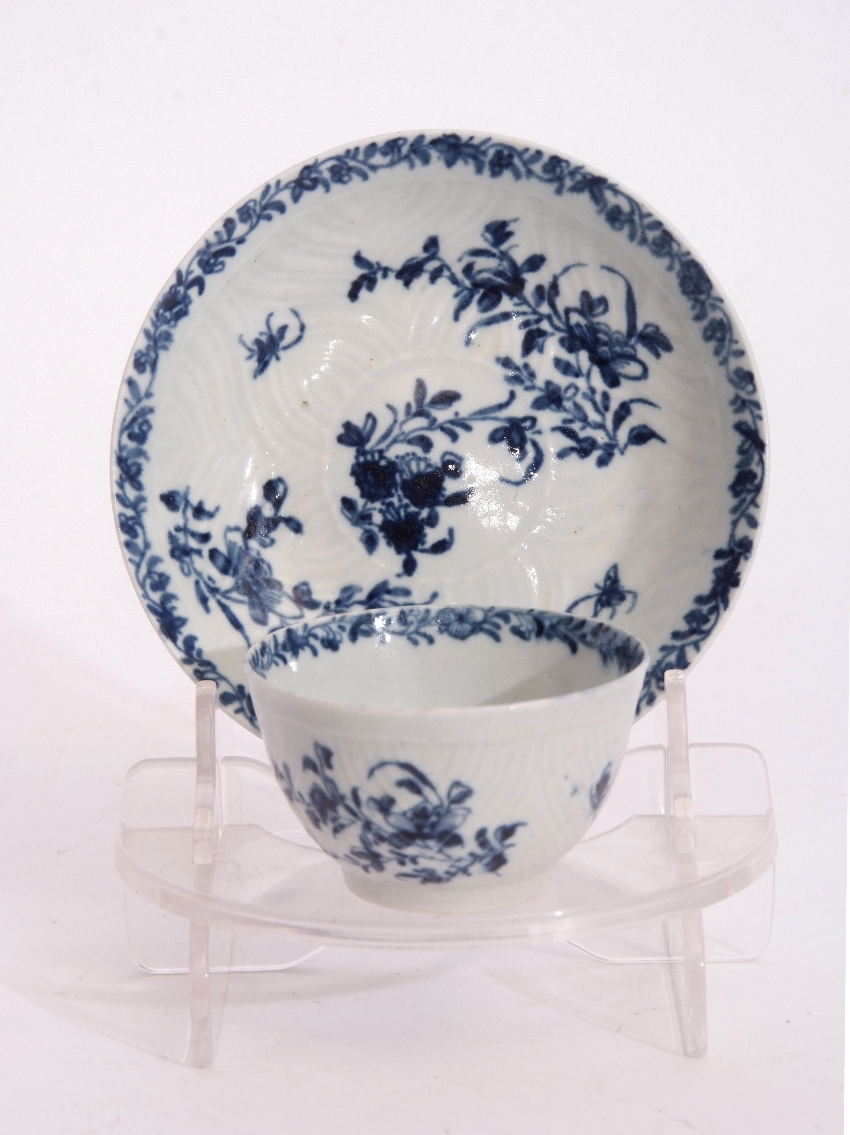 Worcester feather moulded tea bowl and saucer with a blue and white floral design with workman's - Image 2 of 2