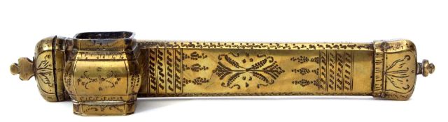 Ottoman period brass scribes case (Divit) with foliate decoration and monogram (JSH?) to one end,