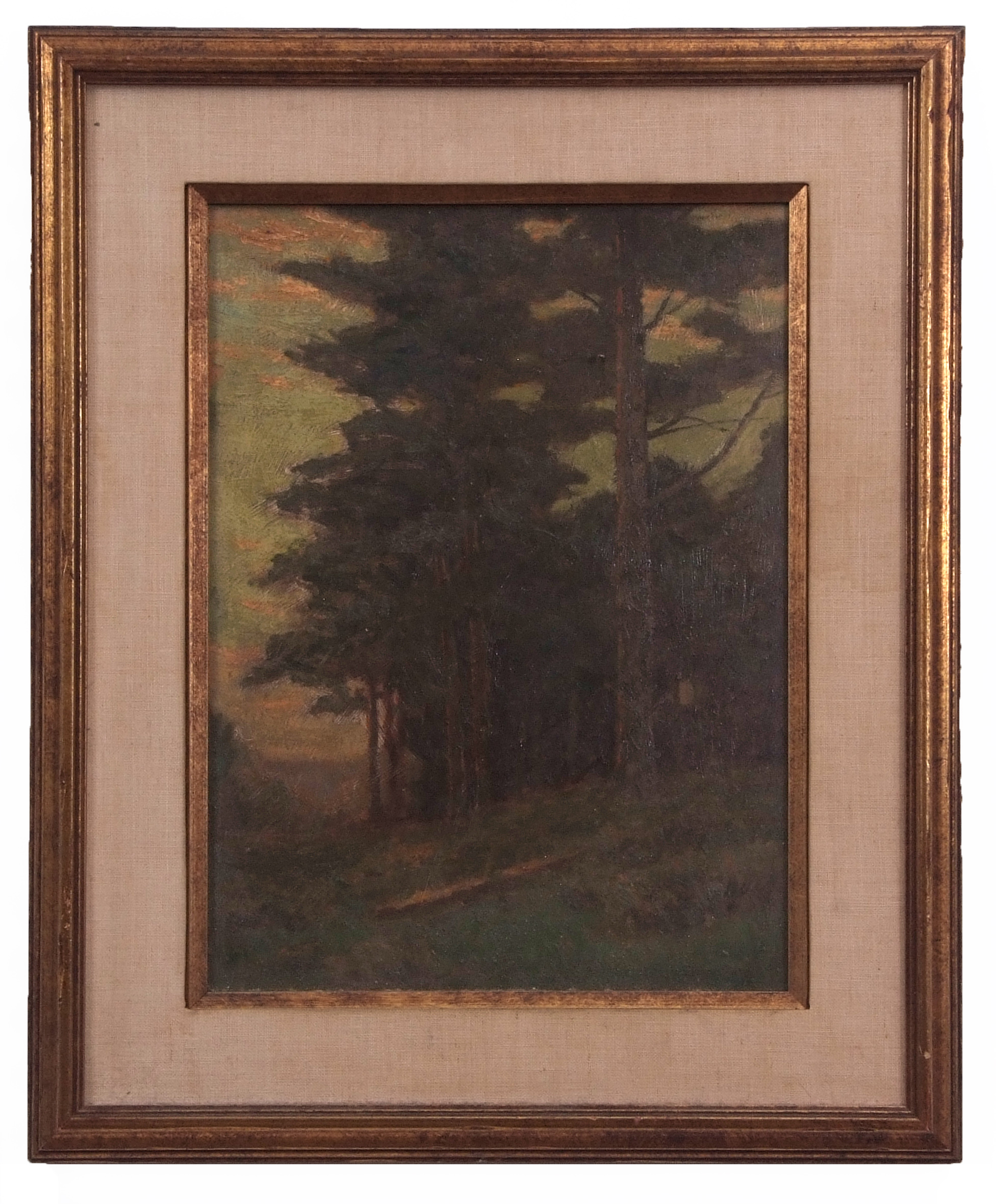 Charles Warren Eaton (1857-1937) American landscapes with pine trees at sunset pair of oils on - Image 3 of 3