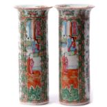 Pair of Cantonese cylindrical vases with typical enamelled decoration of alternating panels of