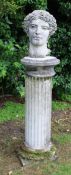 Haddonstone composite bust of "Apollo" on a reeded column torchere with stepped base 173cm high