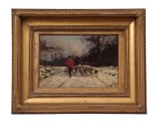 Frank Proschwitzy Freyburg (1862-1939) "Snow Scene, Beagle hounds returning home", oil on board,