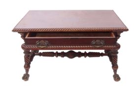 European mahogany hall table, of rectangular form with gadrooned rim over a single full width drawer
