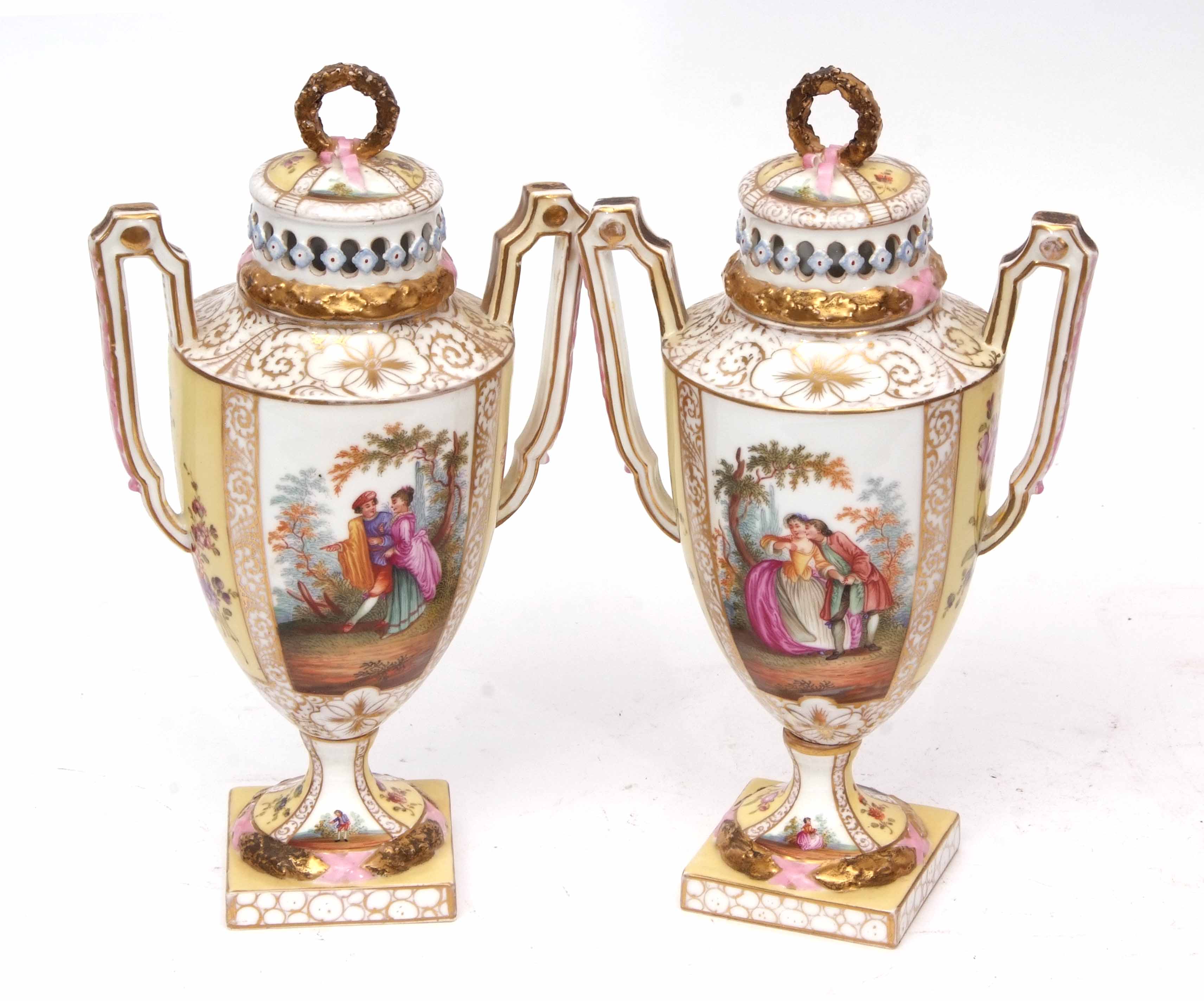 Pair of Continental porcelain vases decorated in Meissen style with figures in a landscape with - Image 3 of 6