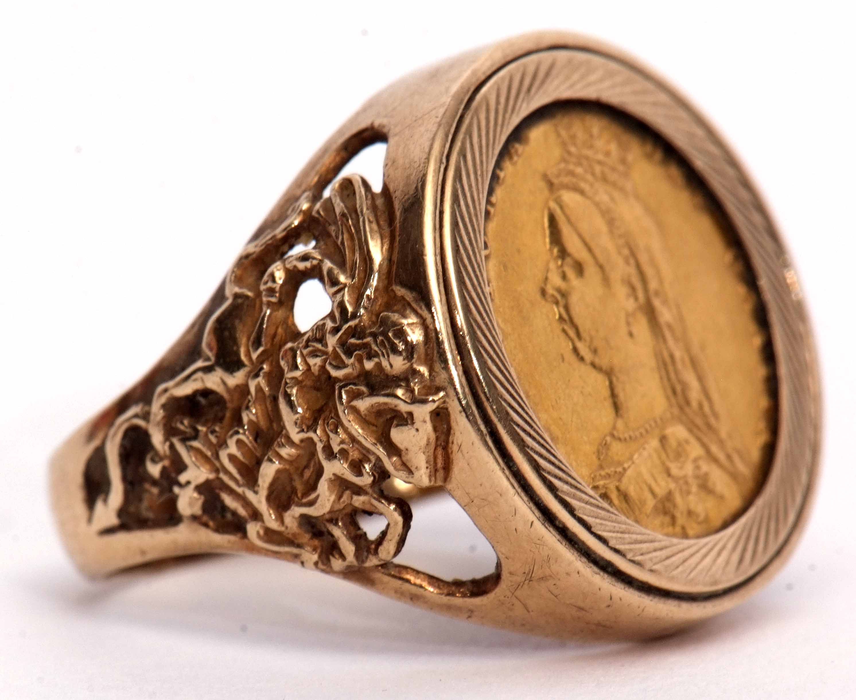 Victorian gold half sovereign shield back, dated 1887, in a 9ct gold ring mount, the shoulders - Image 2 of 4