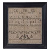 Small sampler with alphabet, geometric designs etc by Marie Mays aged 10, 1795, 20 x 19cm (faded)