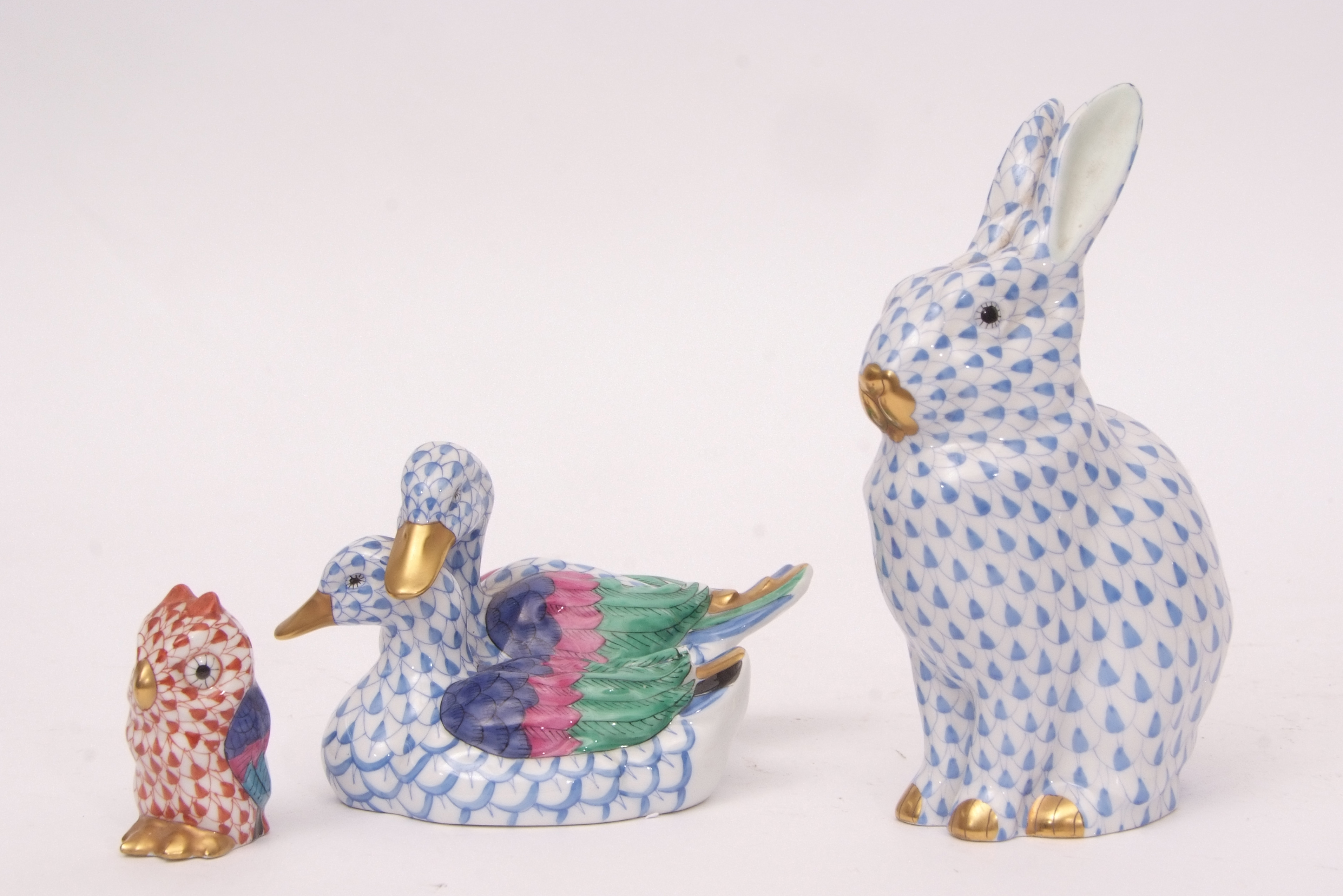 Collection of Herend porcelain models including a large rabbit, a pair of ducks and a small owl (3) - Image 2 of 3