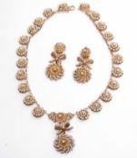 Vintage gilt metal and seed pearl necklace and pendant earrings, a design of a line of seed pearl