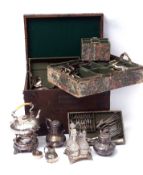 Early 20th century Elkington & Co silver chest and contents, the metal bound oak case with hinged
