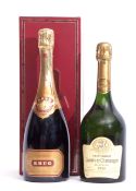 Krug Grand Cuvee Champagne in presentation box and Tattinger Comtes de Champagne Millesime 1988, 1