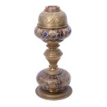 19th century brass oil lamp with pottery reservoir and mount, probably by Lambeth Doulton, with an