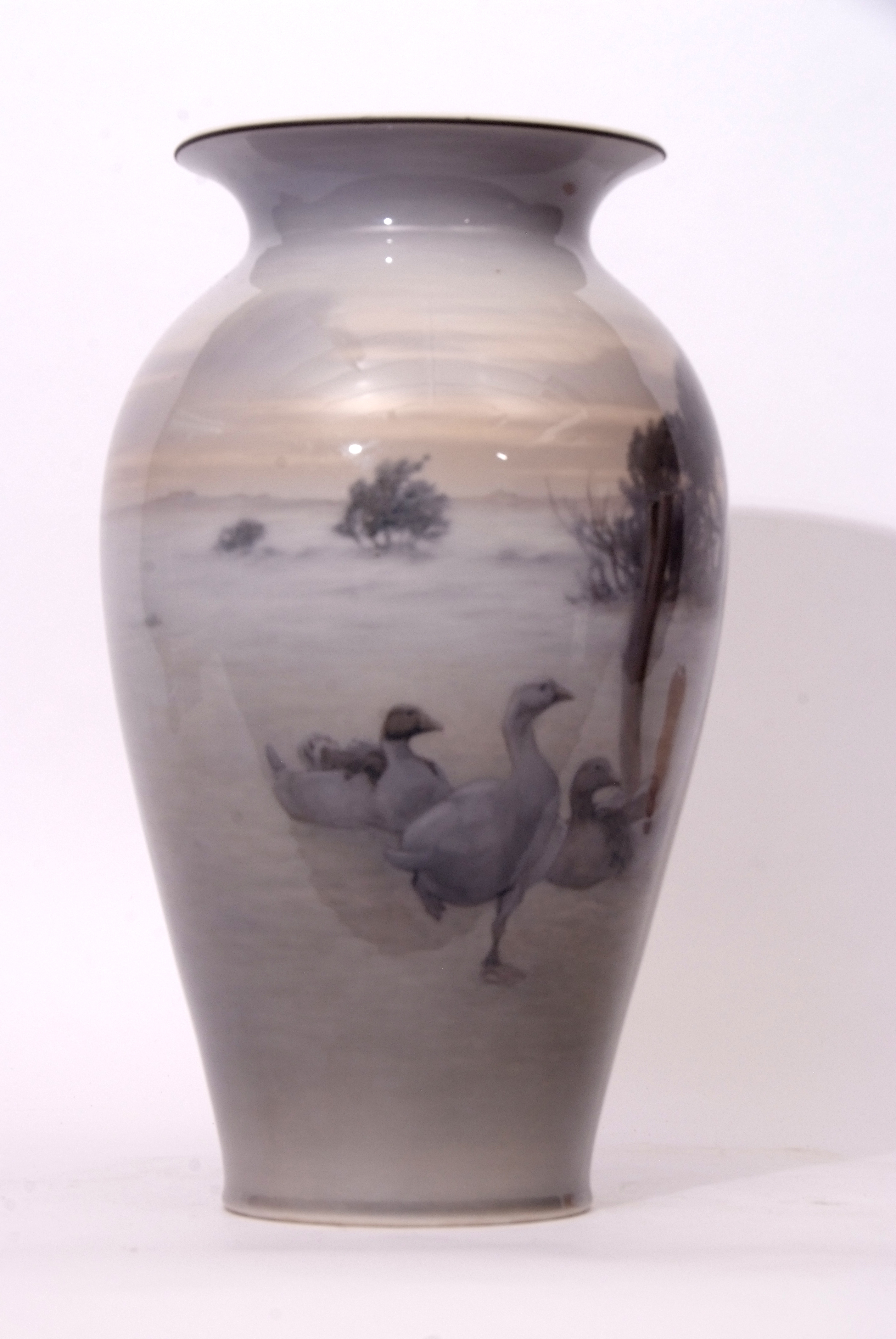 Large Royal Copenhagen baluster vase, painted by Gottfried Rode with a winter landscape of ducks - Image 2 of 3