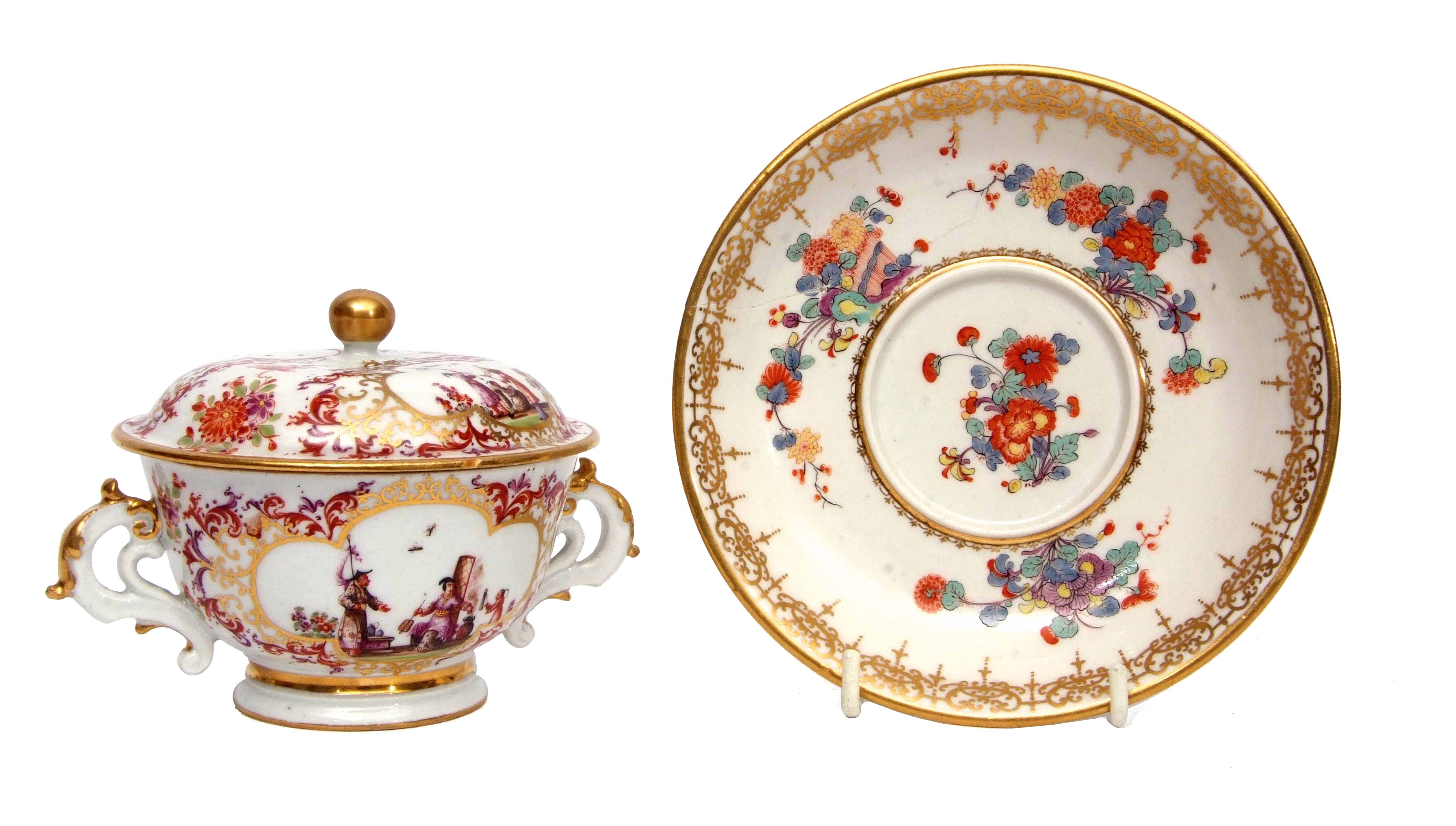 Bottger Meissen porcelain ecuelle and cover and stand, circa 1730, the ecuelle and cover finely