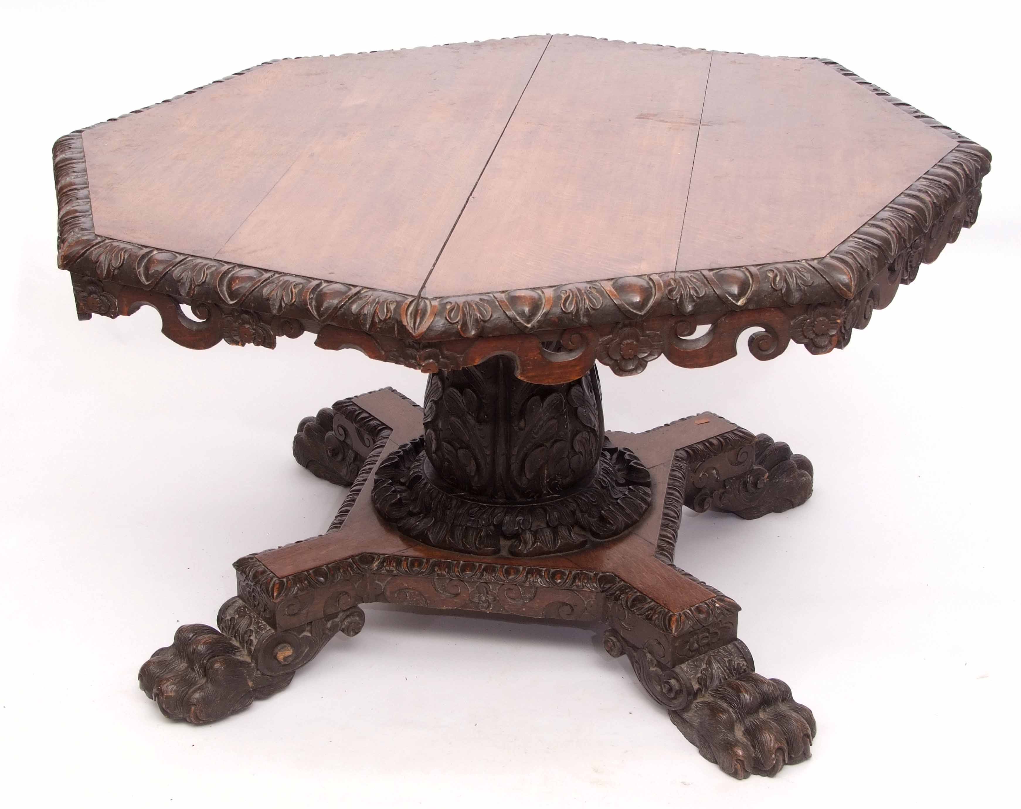 Early Victorian Gothic oak pedestal dining table of octagonal form, the rim carved with egg and dart - Image 3 of 4