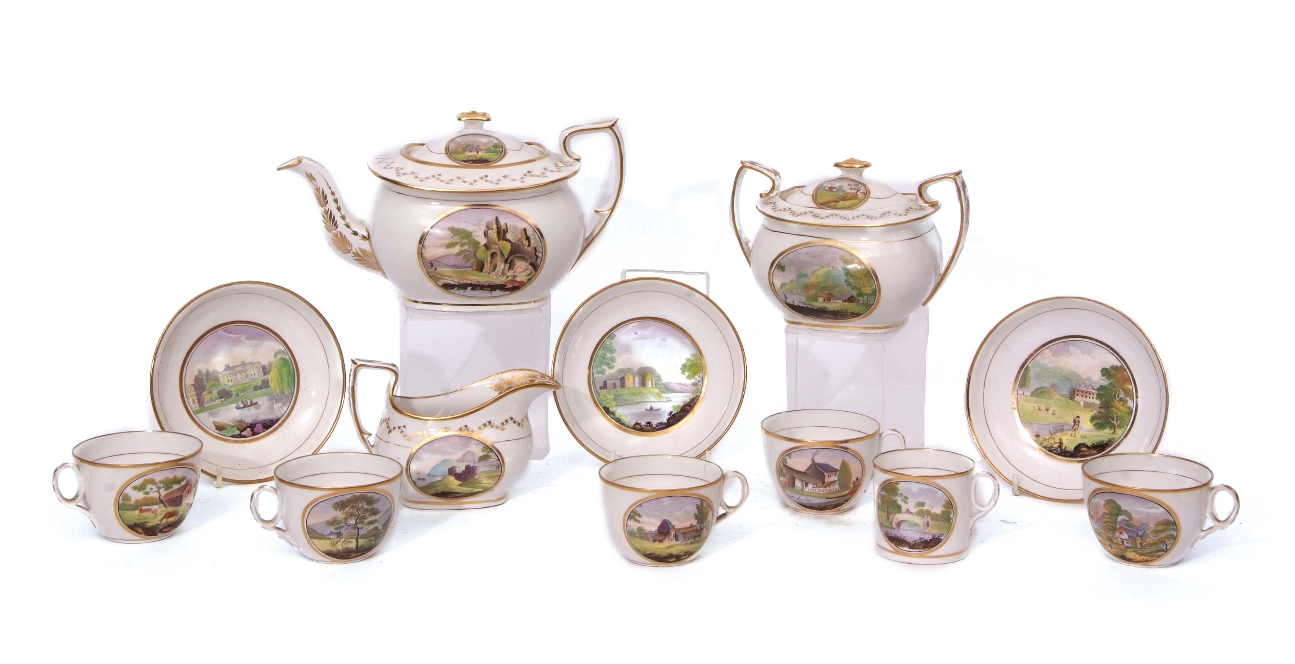 Early 19th century English porcelain tea set, probably by Newhall, pattern 1053, the set decorated