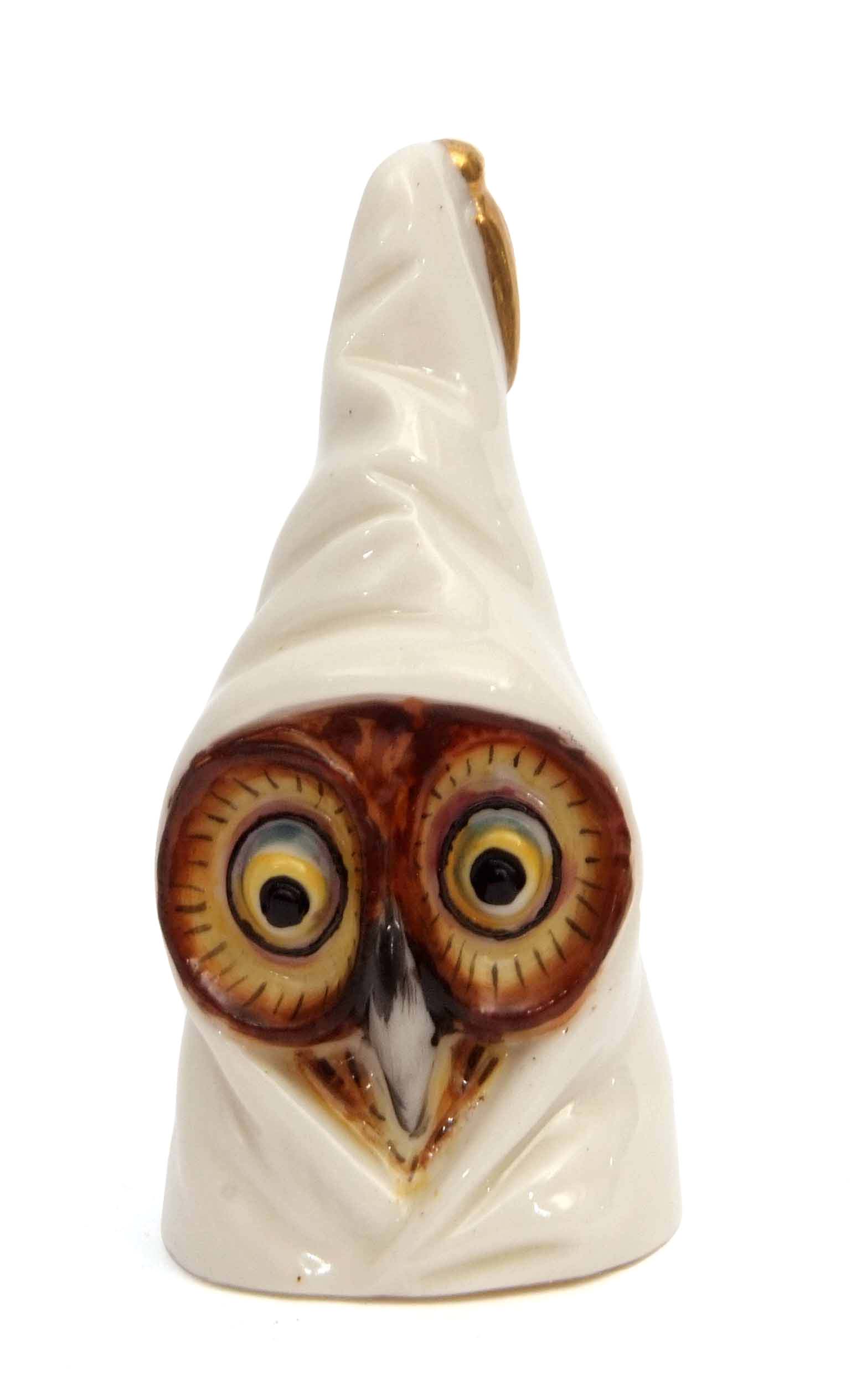 Early 20th century Royal Worcester candle snuffer modelled as an owl with brown face and blue/yellow