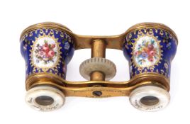 Pair of late 19th century gilt brass mother of pearl and enamelled opera glasses, Chezard Opticien -