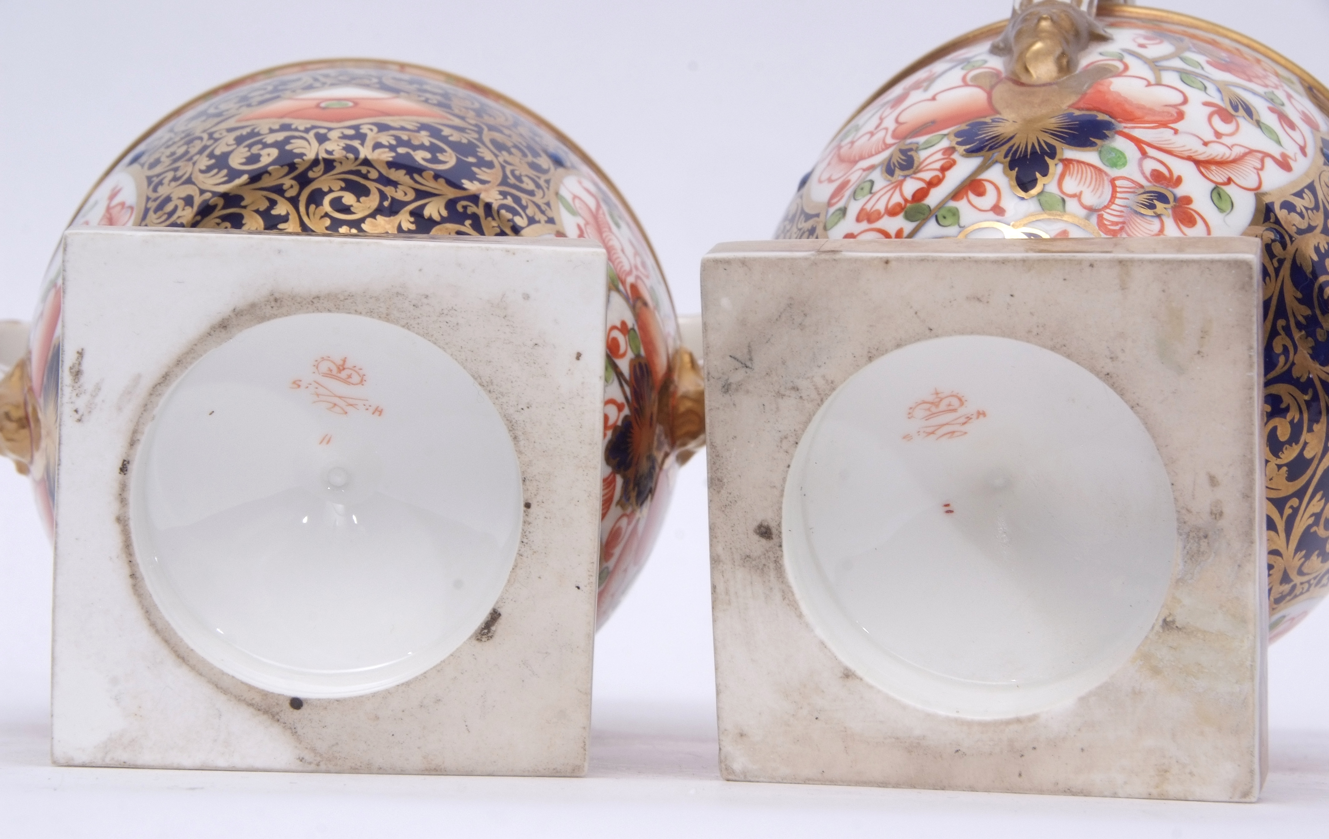 Pair of 19th century Derby (King Street) vases richly decorated in Imari style with gilt scroll - Image 3 of 3