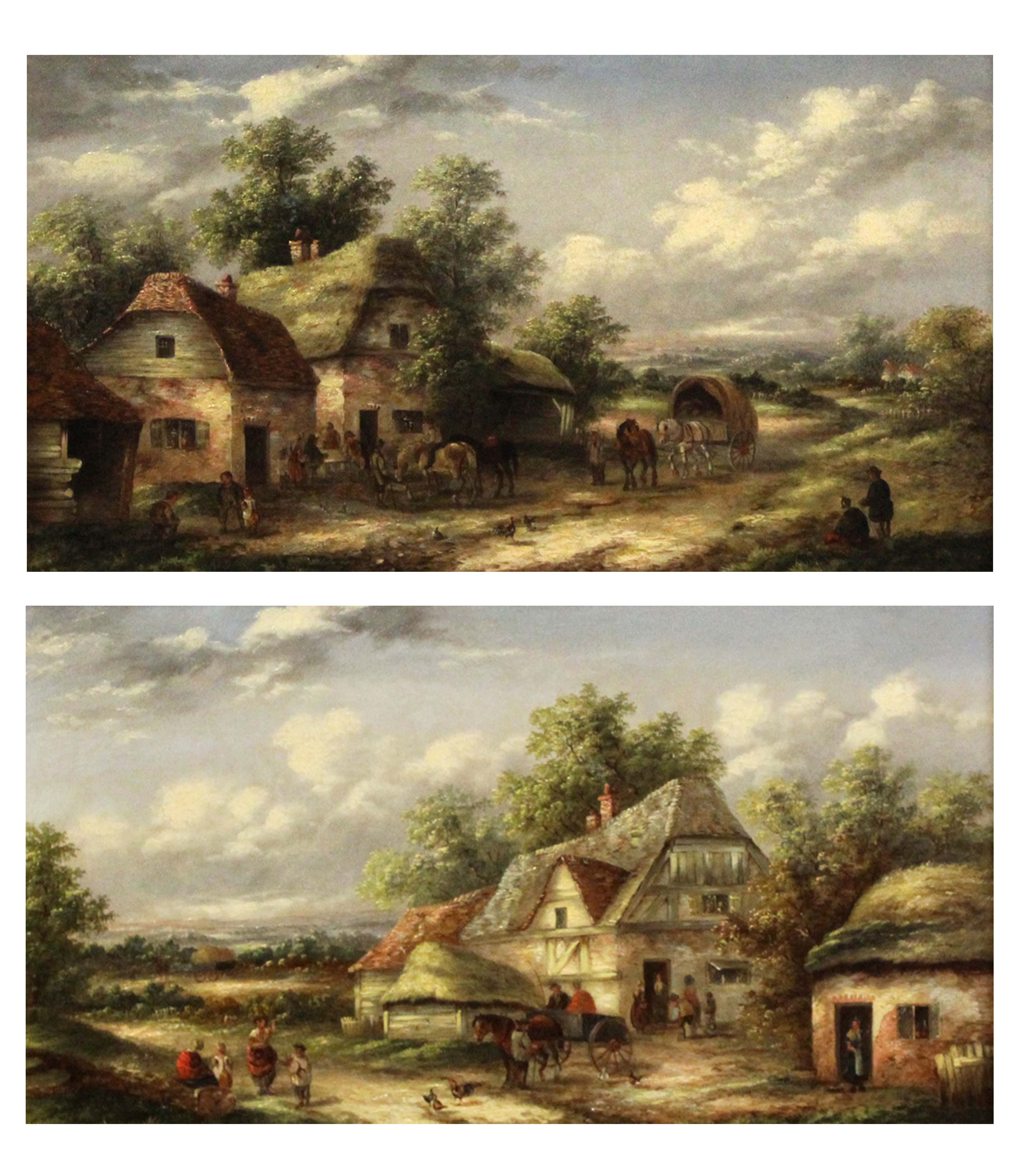 Edwin Masters (19th century) Figures, horse and cart before thatched cottages, pair of oils on