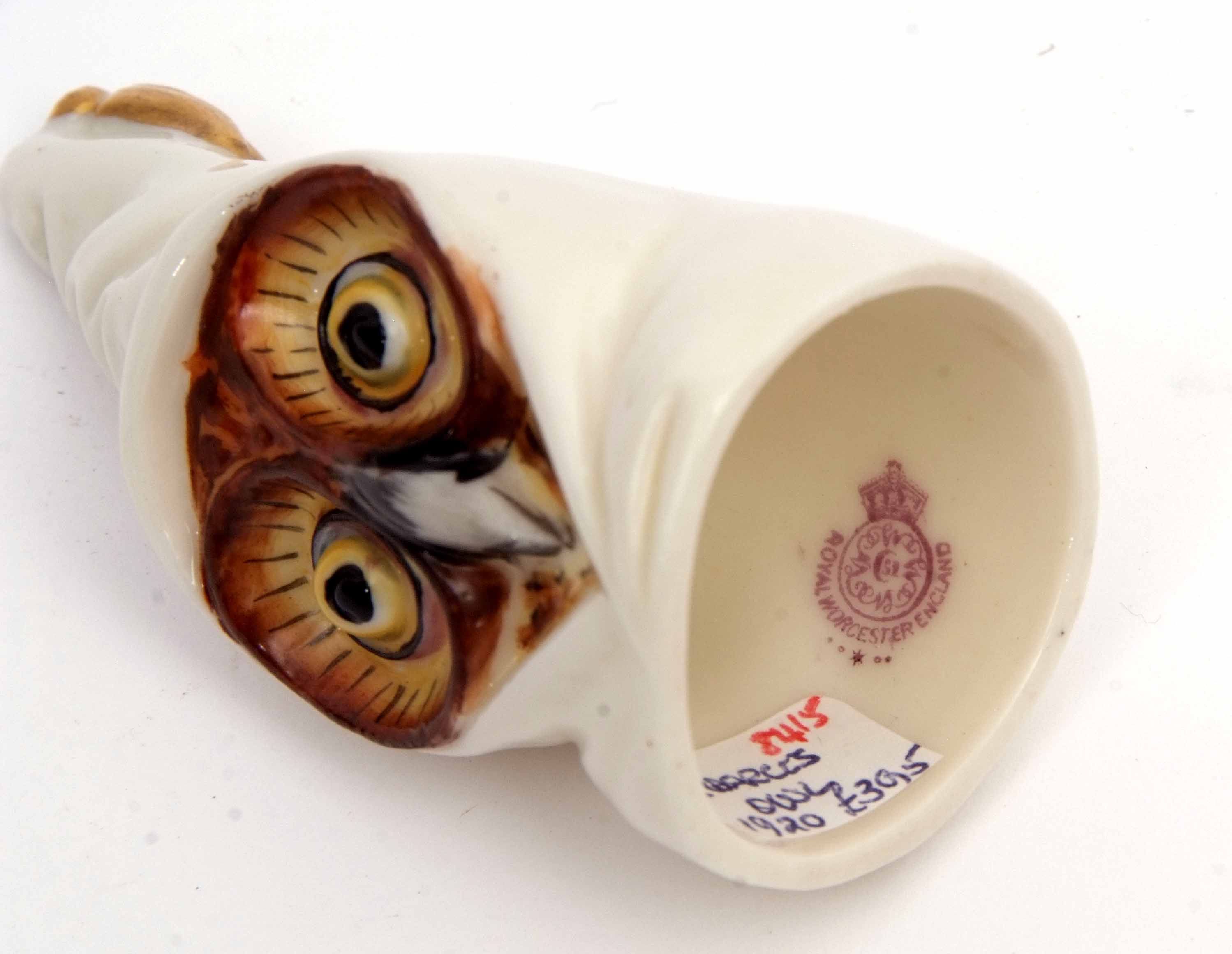 Early 20th century Royal Worcester candle snuffer modelled as an owl with brown face and blue/yellow - Image 2 of 3