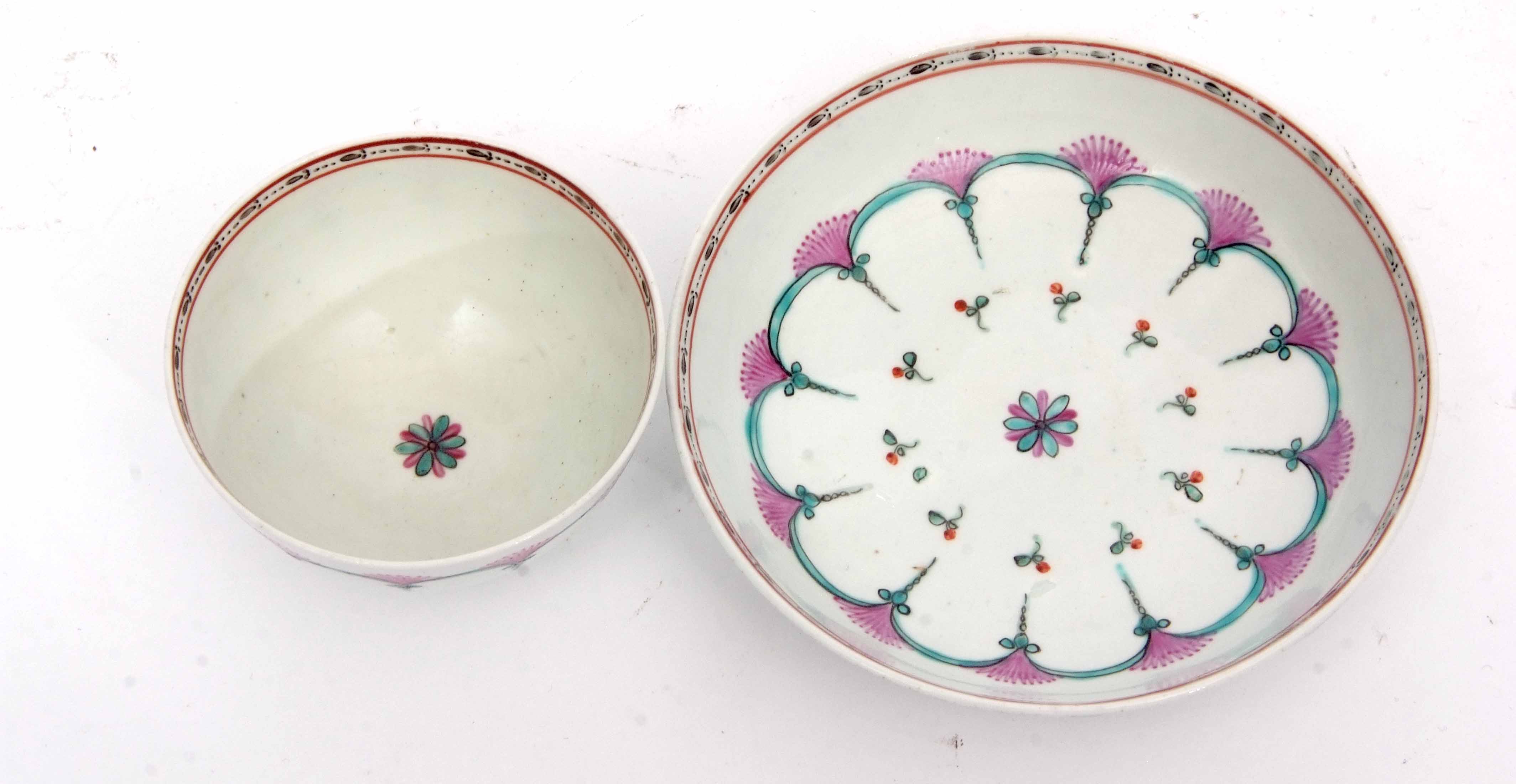 Lowestoft tea bowl and saucer, circa 1780, polychrome design, in a so-called Bungay pattern, the - Image 3 of 3