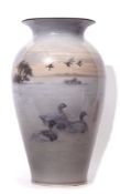 Large Royal Copenhagen baluster vase, painted by Gottfried Rode with a winter landscape of ducks