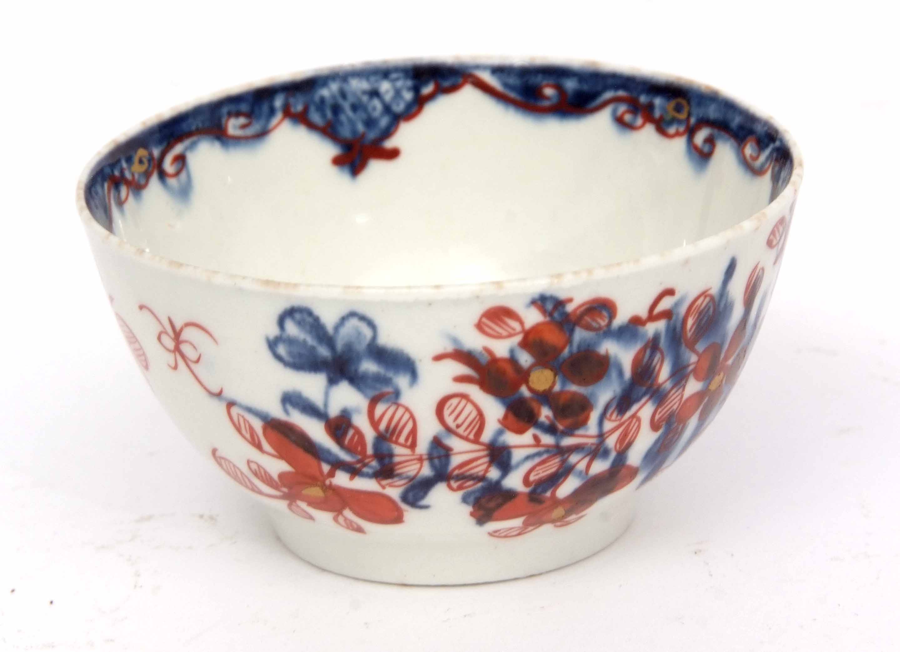 Lowestoft porcelain tea bowl and saucer circa 1780, the blue and white design clobbered with a - Image 4 of 4