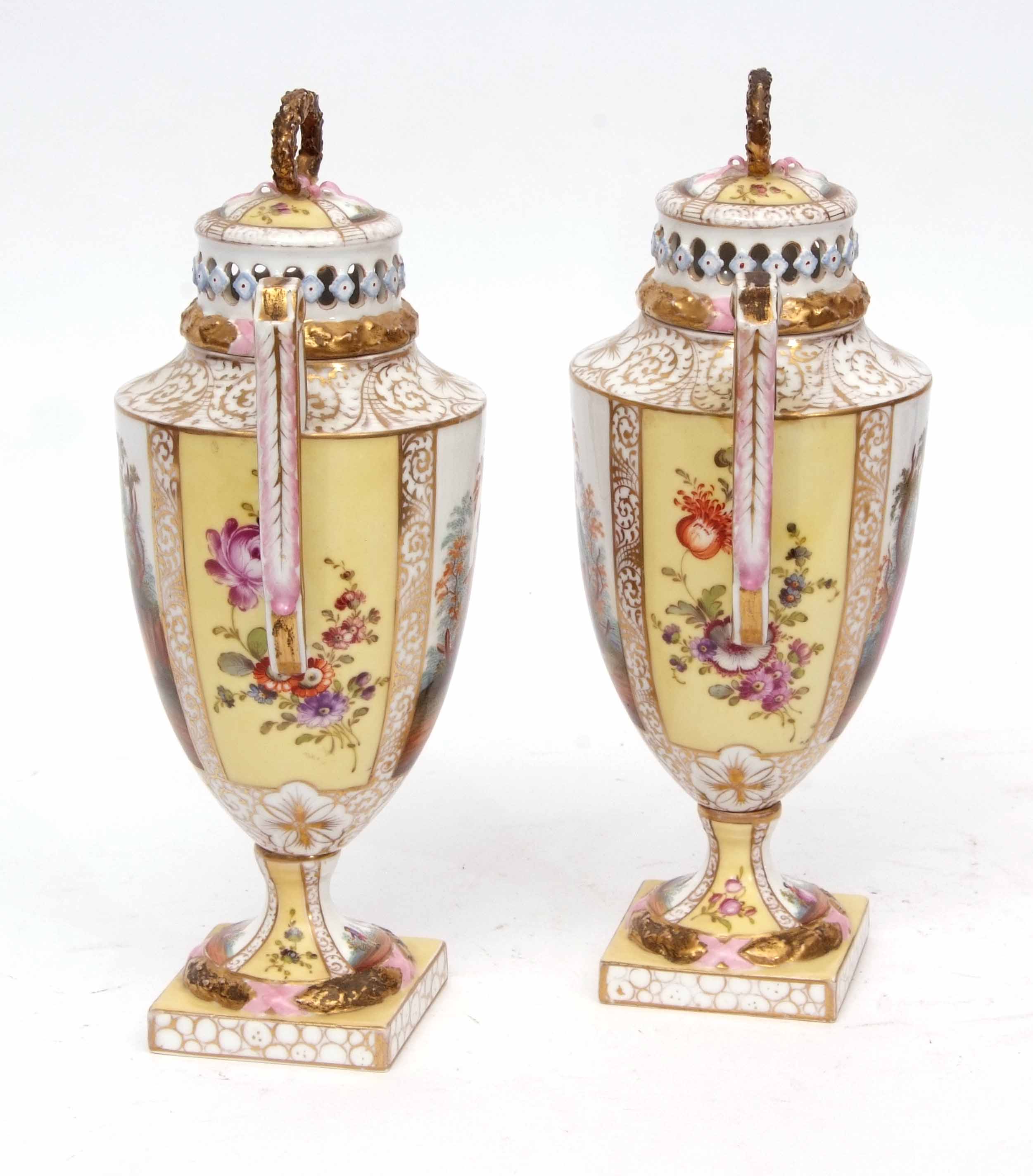 Pair of Continental porcelain vases decorated in Meissen style with figures in a landscape with - Image 4 of 6