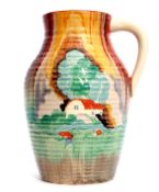 Clarice Cliff Lotus jug, the ribbed body decorated with the Forest Glen pattern, 30cm high