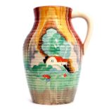 Clarice Cliff Lotus jug, the ribbed body decorated with the Forest Glen pattern, 30cm high