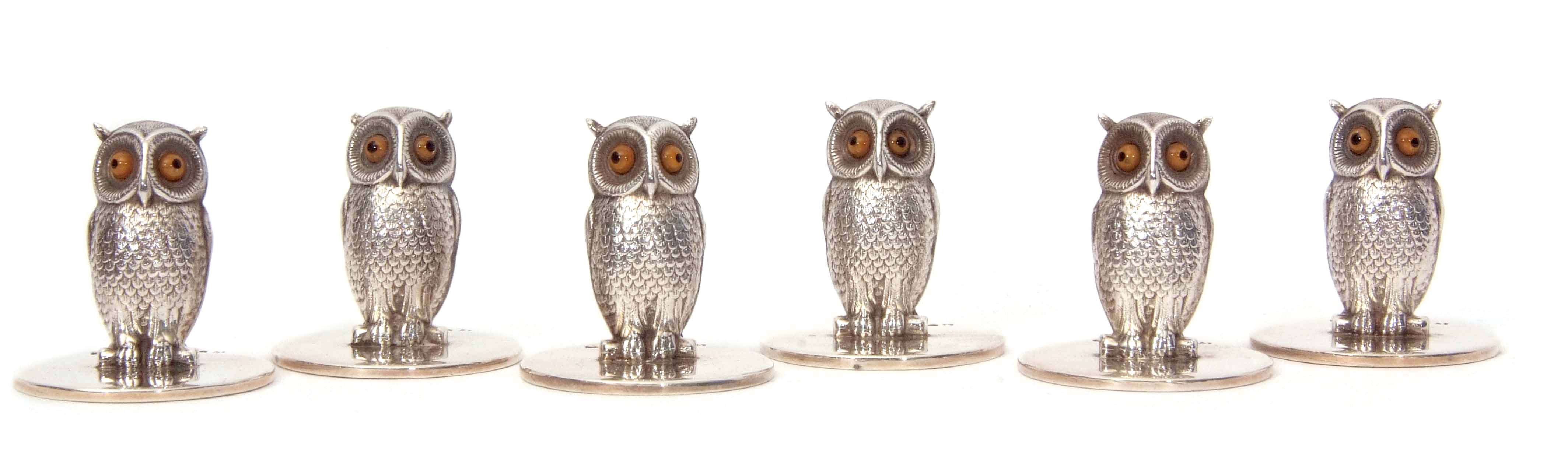 Cased set of six Edward VII place card/menu holders, each modelled in the form of a standing owl