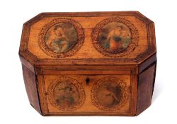 18th century satinwood and birds eye maple tea caddy of canted rectangular form, the lid and front