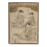 Japanese wood block print with ladies at various pursuits, 26cm diam
