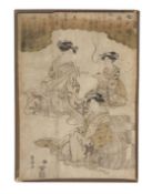 Japanese wood block print with ladies at various pursuits, 26cm diam