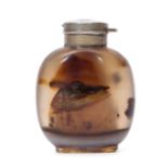Chinese agate snuff bottle with occlusions and white metal top, 6cm high