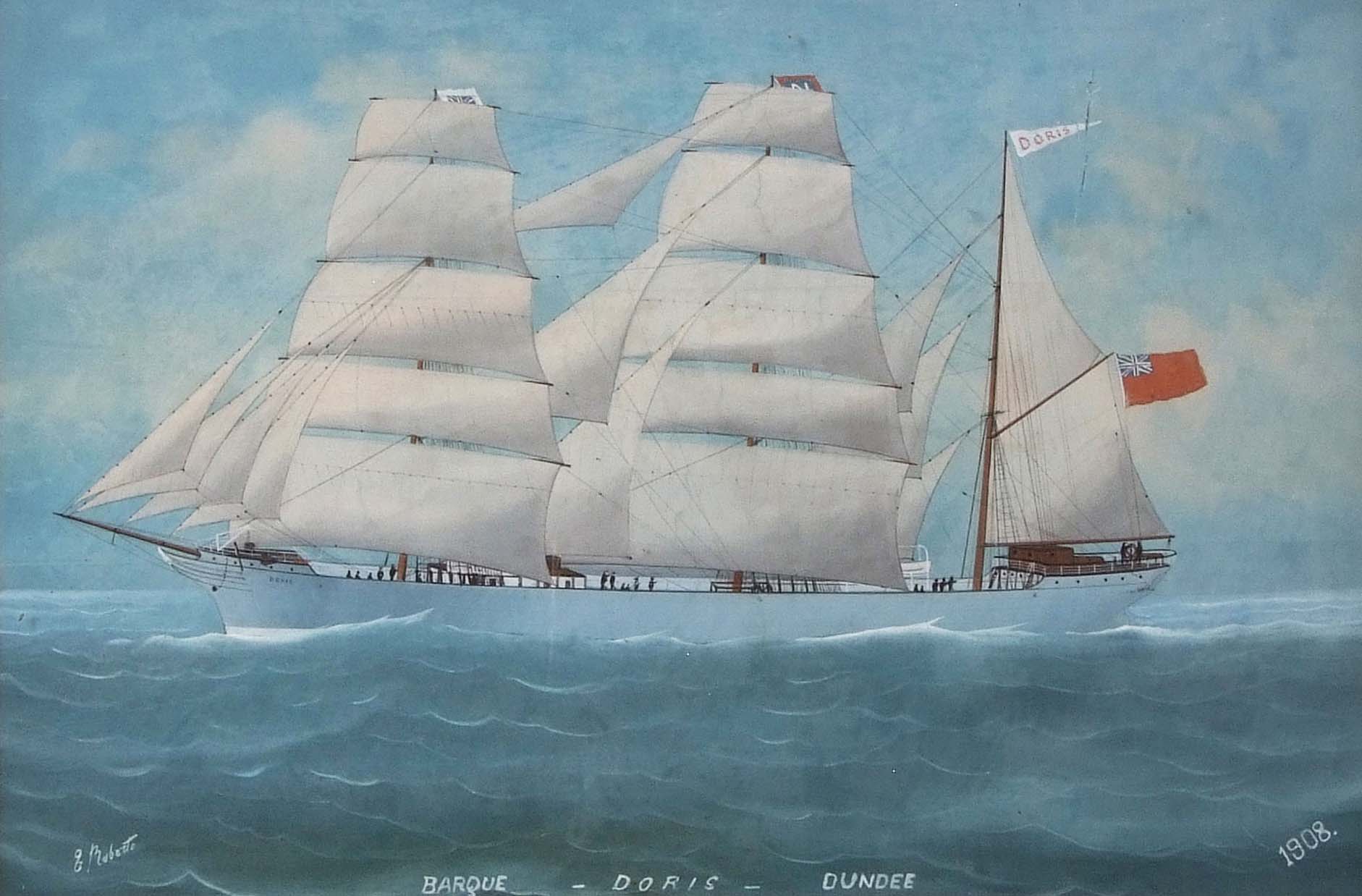 Luigi Roberto (1845-1910) "Barque - Doris - Dundee", gouache, signed lower left, dated 1908 lower