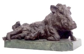 B Czhen (Hungarian) bronze patinated study "Il Porcolino", wild boar with piglets on a green