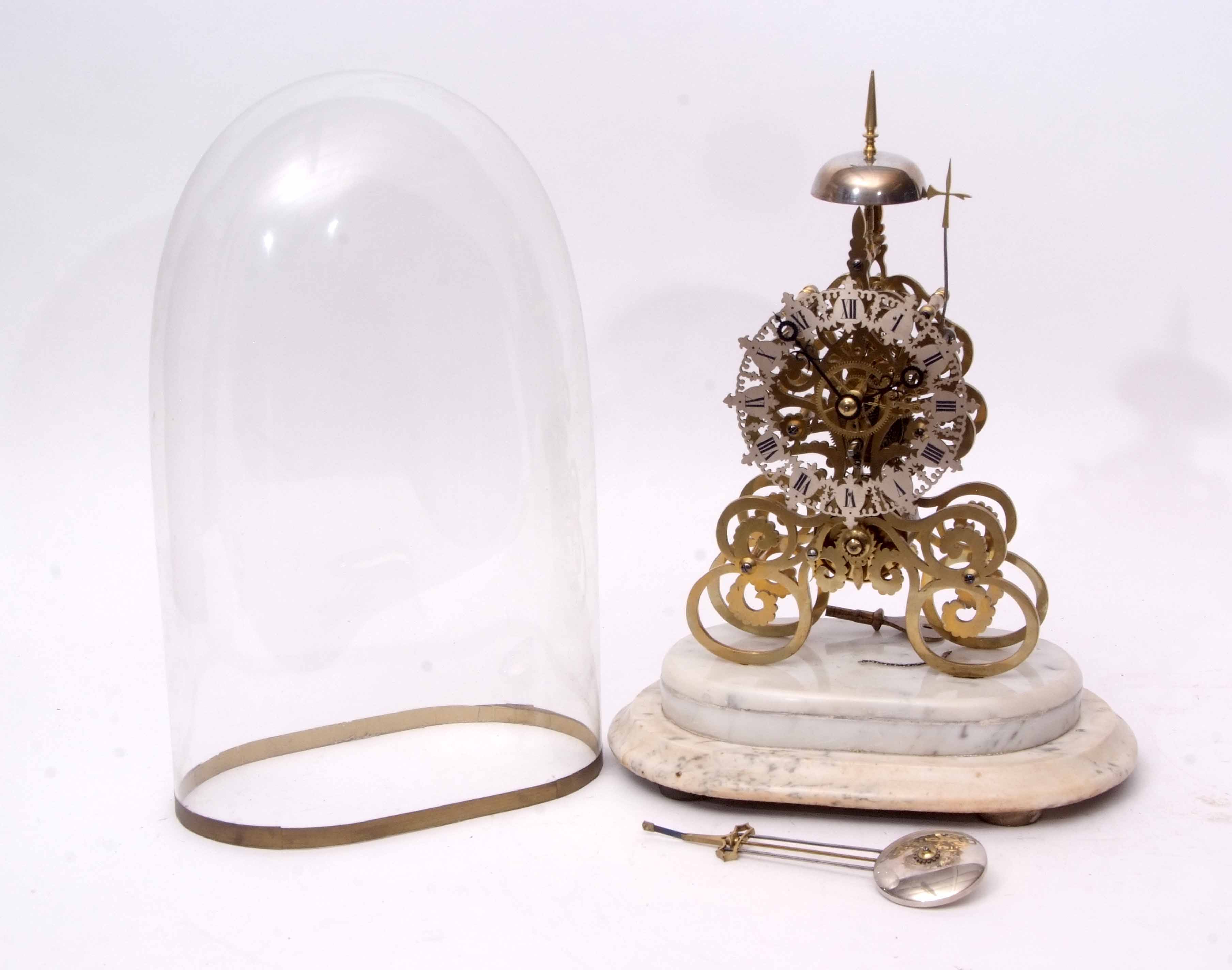 Late 19th century single chain fusee skeleton clock, the whole raised on a variegated white marble - Image 2 of 3