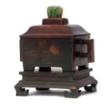 Chinese bronze censer with stand and wooden cover, with jadeite knop, impressed reign mark to