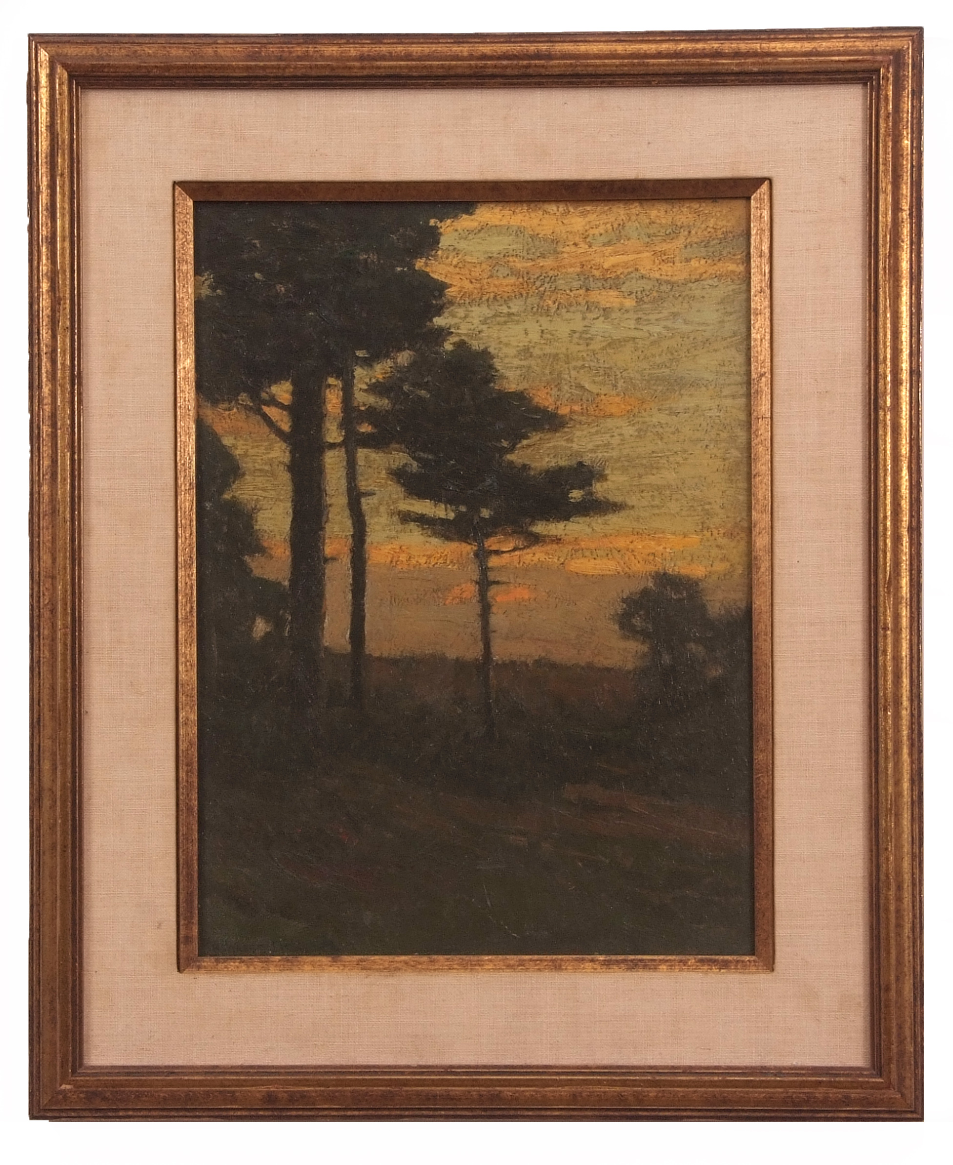 Charles Warren Eaton (1857-1937) American landscapes with pine trees at sunset pair of oils on - Image 2 of 3