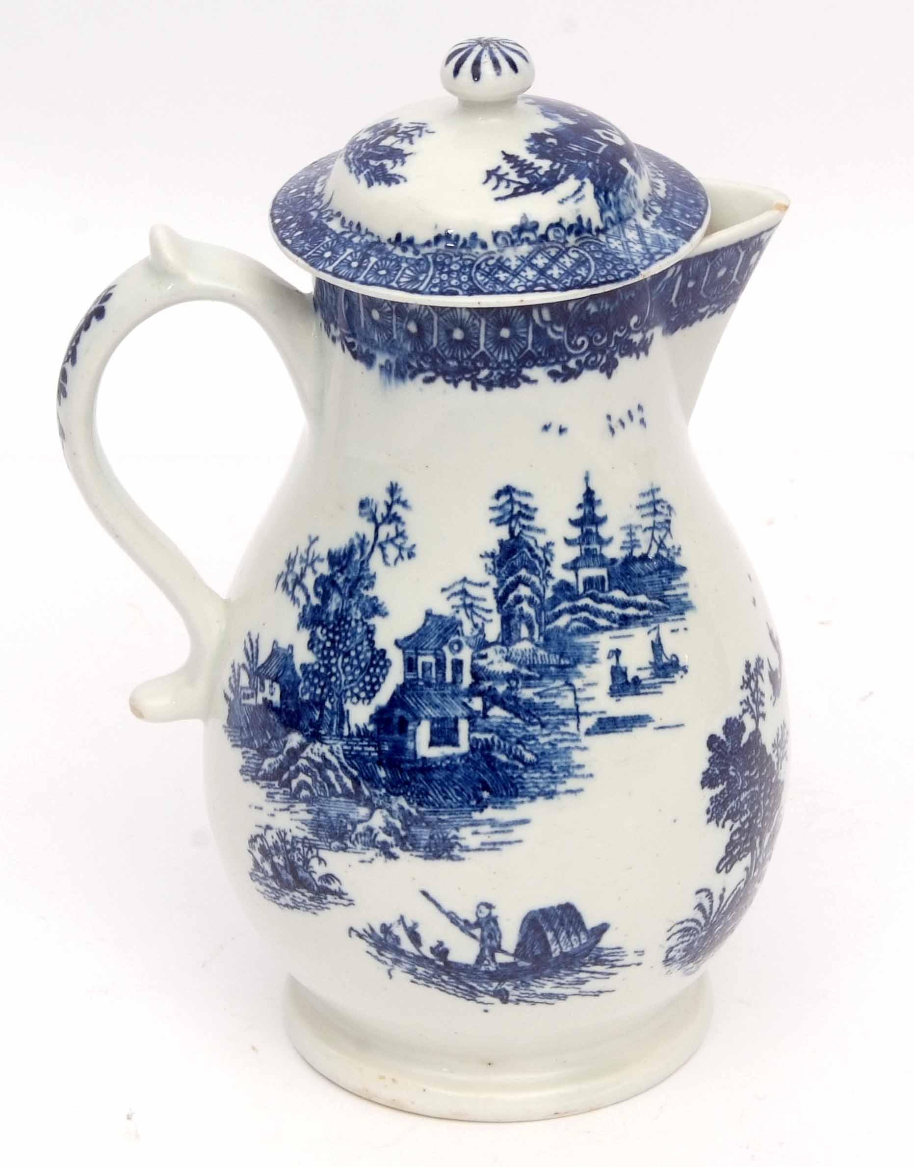 Lowestoft coffee pot and cover, circa 1780, decorated with a printed design of a pagoda and - Image 3 of 5