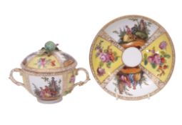 19th century Meissen style ecuelle cover and stand decorated with alternating panels of figures in a