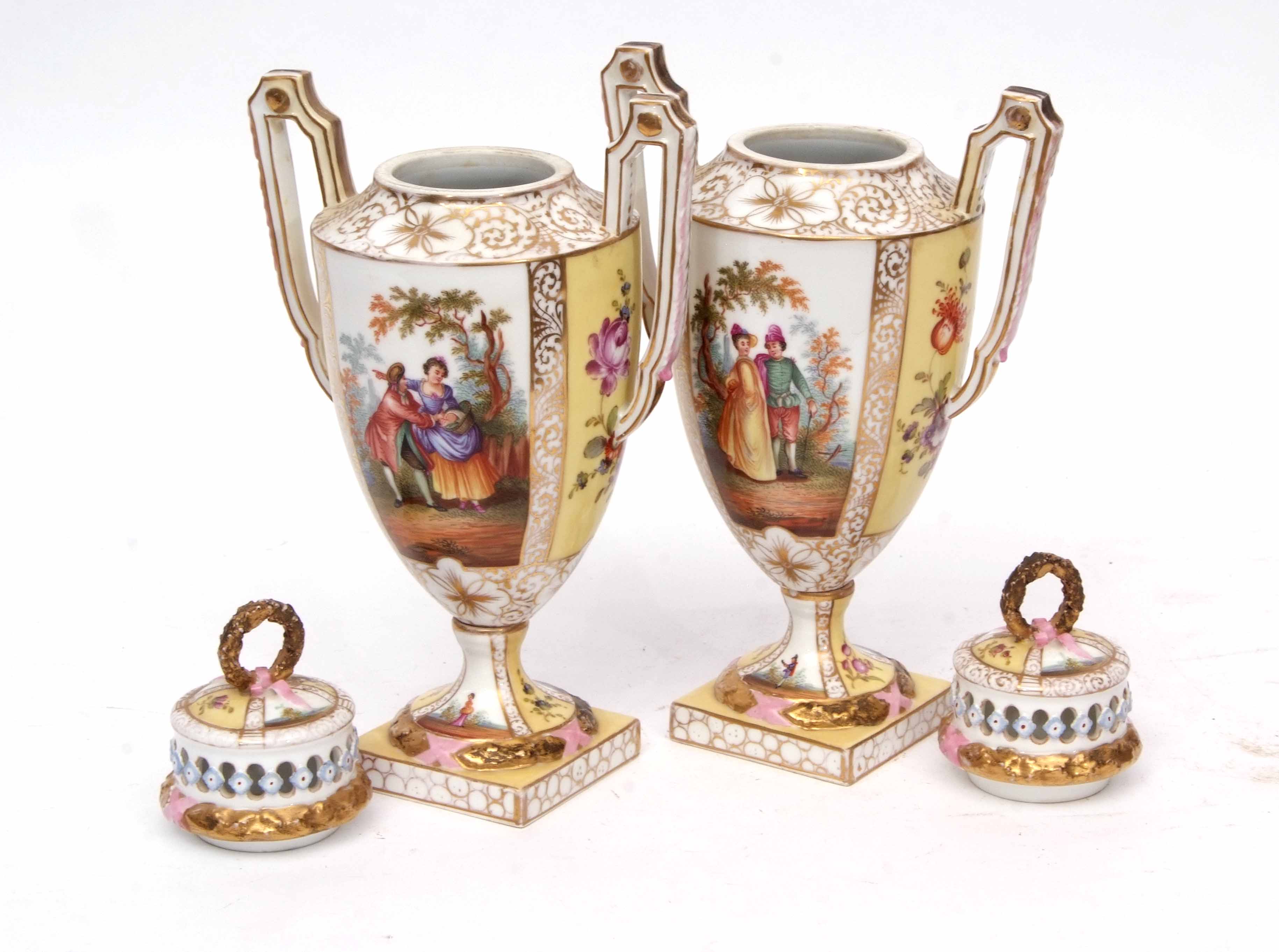 Pair of Continental porcelain vases decorated in Meissen style with figures in a landscape with - Image 5 of 6