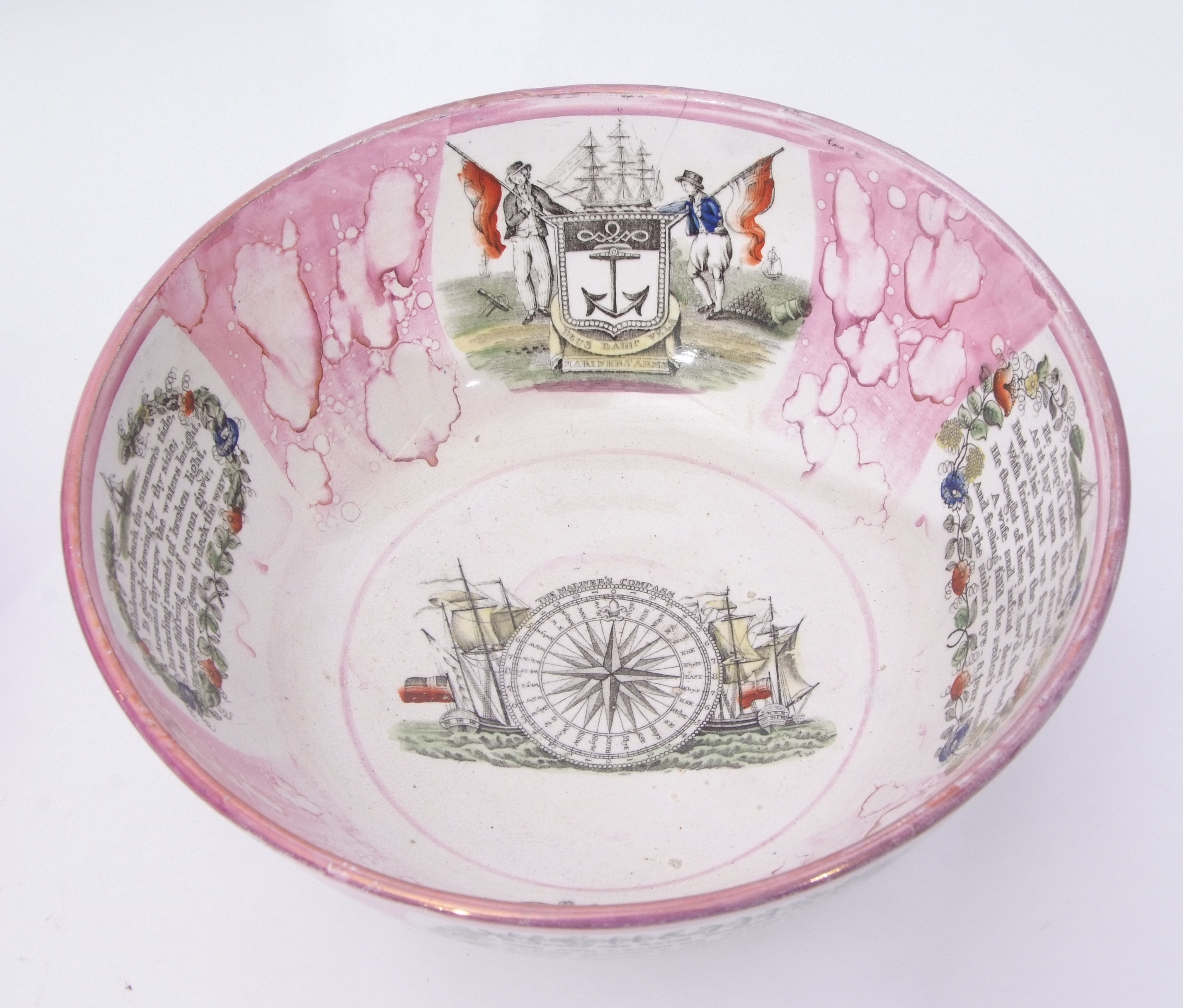 Sunderland lustre jug and a large bowl, both decorated with splash pink lustre, the jug decorated - Image 3 of 5